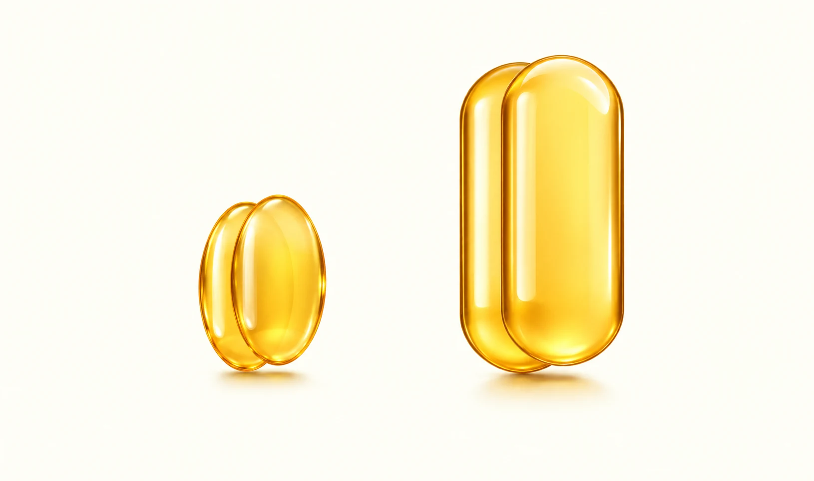 Two small golden softgels beside two larger softgels; schematic comparison