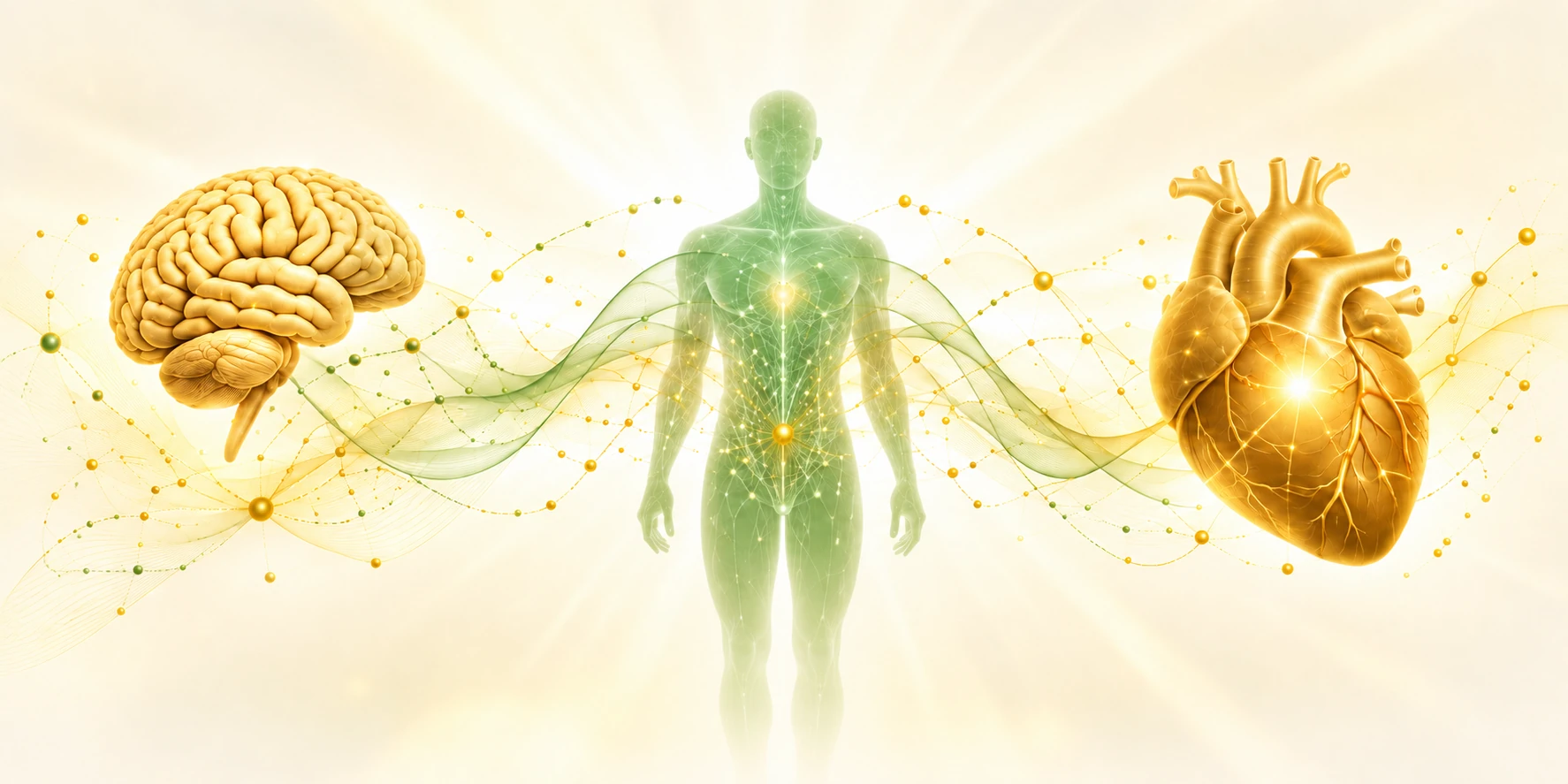 Educational illustration of a golden brain and heart with a light green human figure and abstract connections.