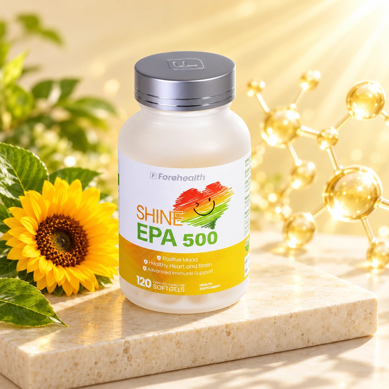 Forehealth SHINE EPA 500 bottle based on the original product photograph, with a sunflower and warm sunshine background.